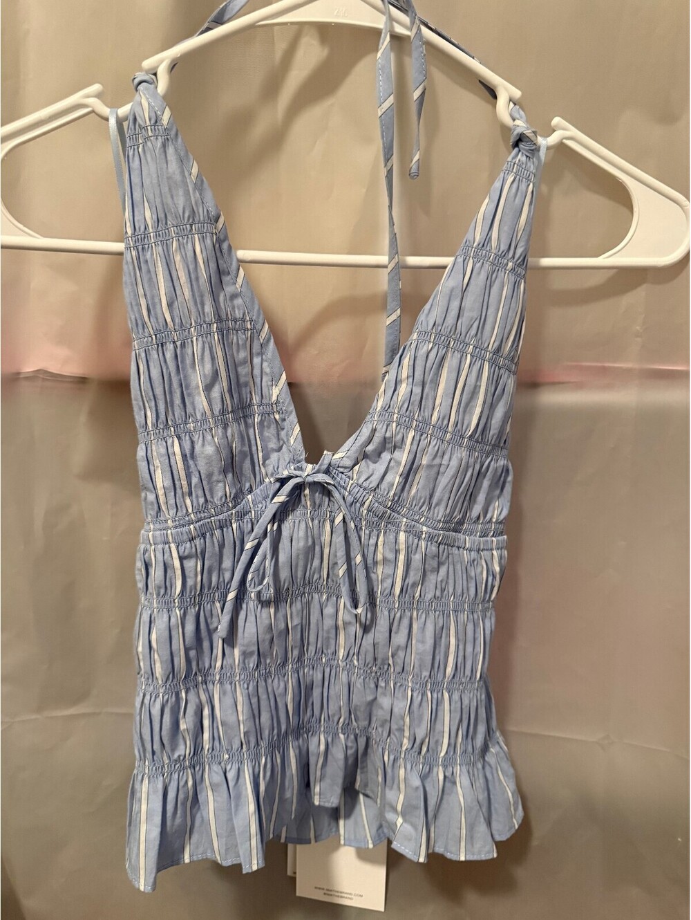 NIA Blue and White Striped Halter Top with Ruffle Hem, Size XS NWT